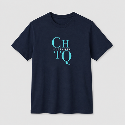 Navy blue crewneck T-shirt featuring a turquoise “CHTQ” graphic with “ELEGANZA” lettering on the front.