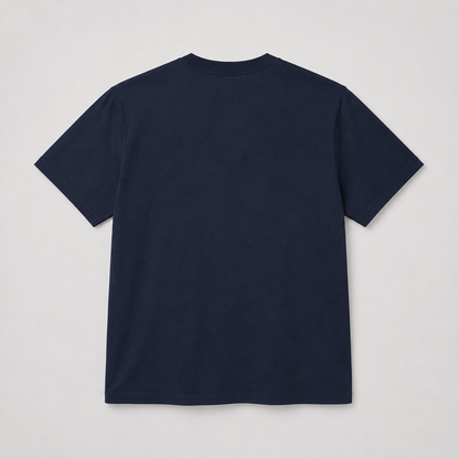 A plain navy blue short-sleeve crewneck t-shirt shown from the back, laid flat against a light gray background.