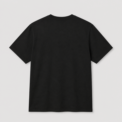 A plain black short-sleeve crewneck t-shirt shown from the back, laid flat against a light gray background.