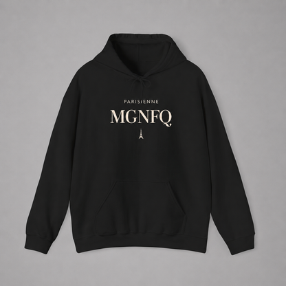 A black pullover hoodie with a front pocket and drawstring hood, featuring the text 'PARISIENNE MGNFQ' and a small Eiffel Tower graphic in white on the chest, displayed against a neutral gray background.