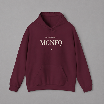 Maroon PARISIENNE MGNFQ graphic hoodie featuring cream typography and a small Eiffel Tower detail, shown against a light gray studio background.