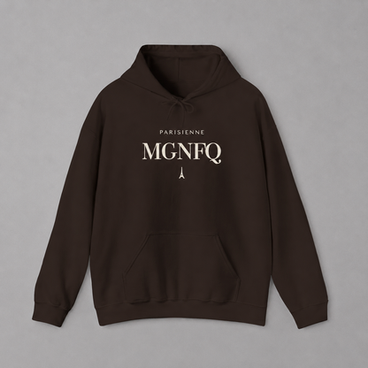 Brown PARISIENNE MGNFQ graphic hoodie featuring cream typography and a small Eiffel Tower detail, shown against a light gray studio background.