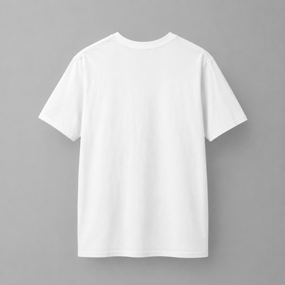 White CHIC CHARME graphic T-shirt from back, featuring a bold black-and-white eye print with minimalist typography in front.