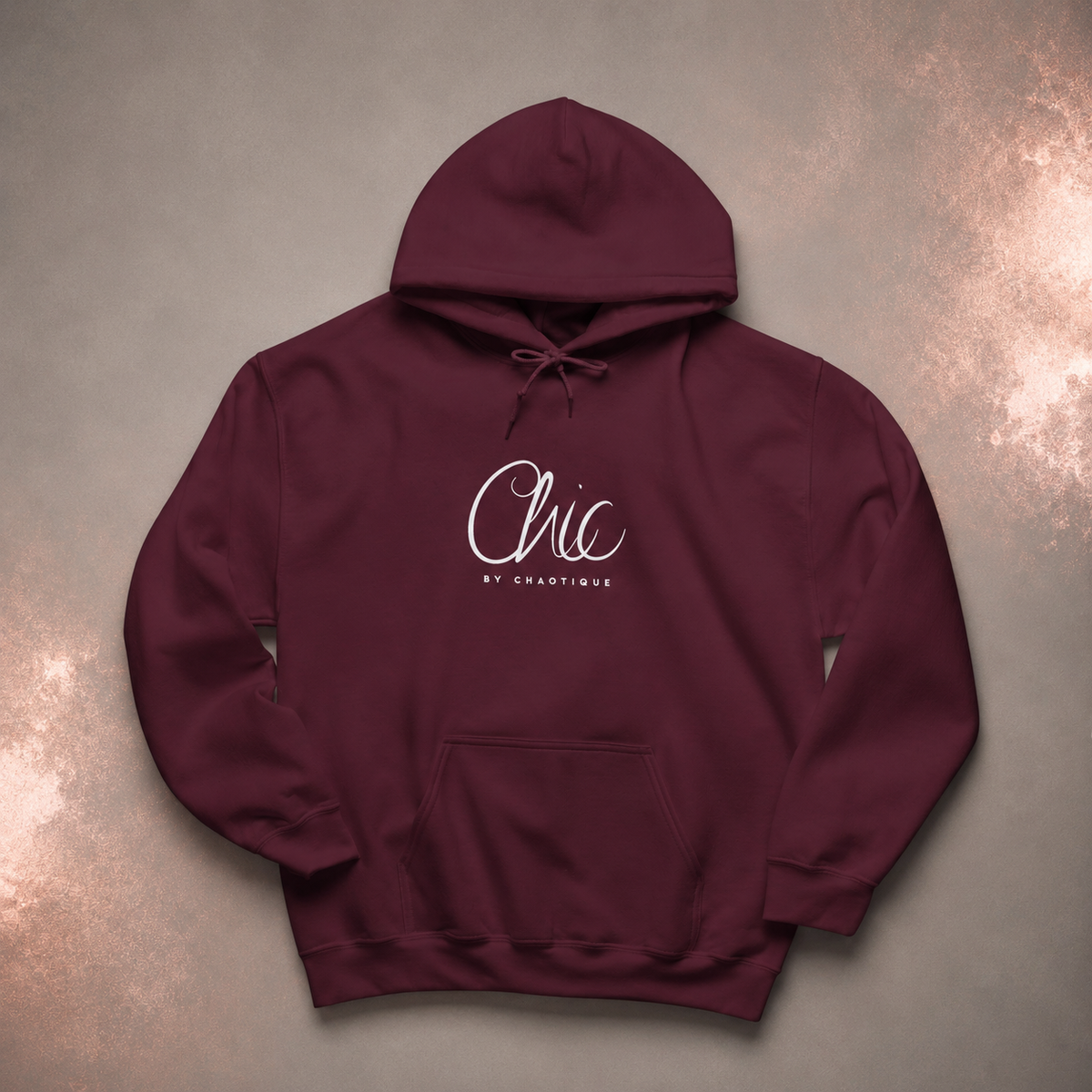 Maroon Chic by Chaotique pullover hoodie featuring an elegant white script logo on the chest and a minimalist everyday design.
