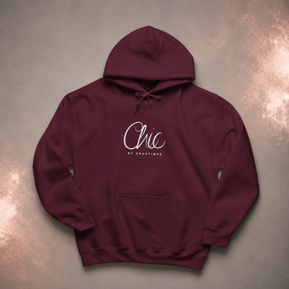 Maroon Chic by Chaotique pullover hoodie featuring an elegant white script logo on the chest and a minimalist everyday design.