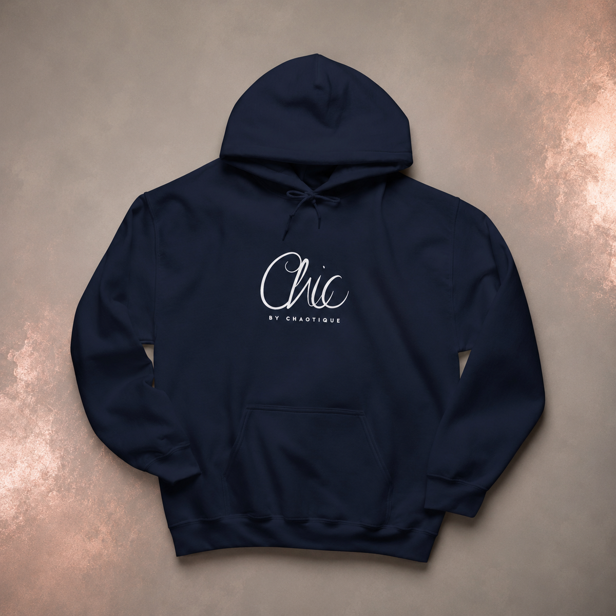 Navy blue Chic by Chaotique pullover hoodie featuring an elegant white script logo on the chest and a minimalist everyday design.