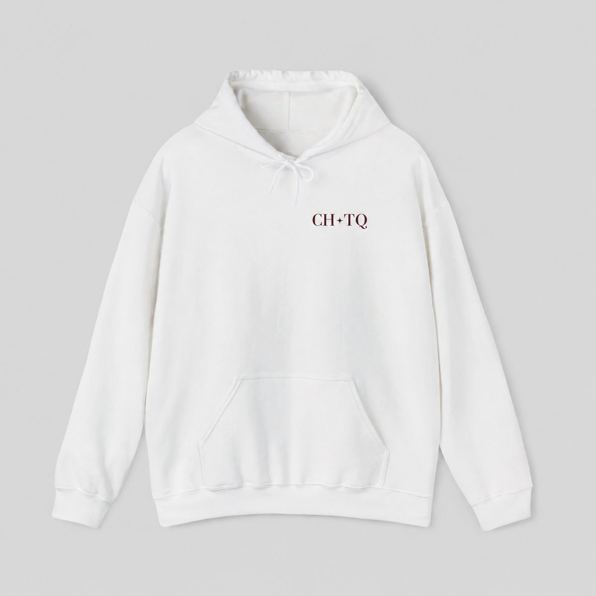 White pullover hoodie featuring a small burgundy CHTQ graphic on the chest, shown against a soft light gray studio background.