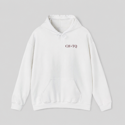 White pullover hoodie featuring a small burgundy CHTQ graphic on the chest, shown against a soft light gray studio background.