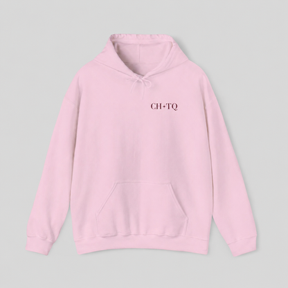 Light pink pullover hoodie featuring a small burgundy CHTQ graphic on the chest, shown against a soft light gray studio background.