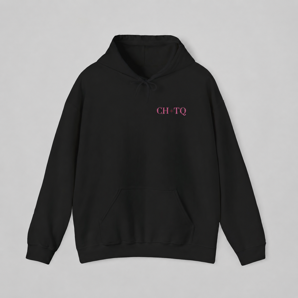 Black pullover hoodie featuring a small burgundy CHTQ graphic on the chest, shown against a soft light gray studio background.