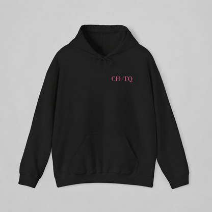 Black pullover hoodie featuring a small burgundy CHTQ graphic on the chest, shown against a soft light gray studio background.