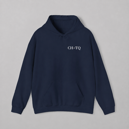 Navy blue pullover hoodie featuring a small burgundy CHTQ graphic on the chest, shown against a soft light gray studio background.
