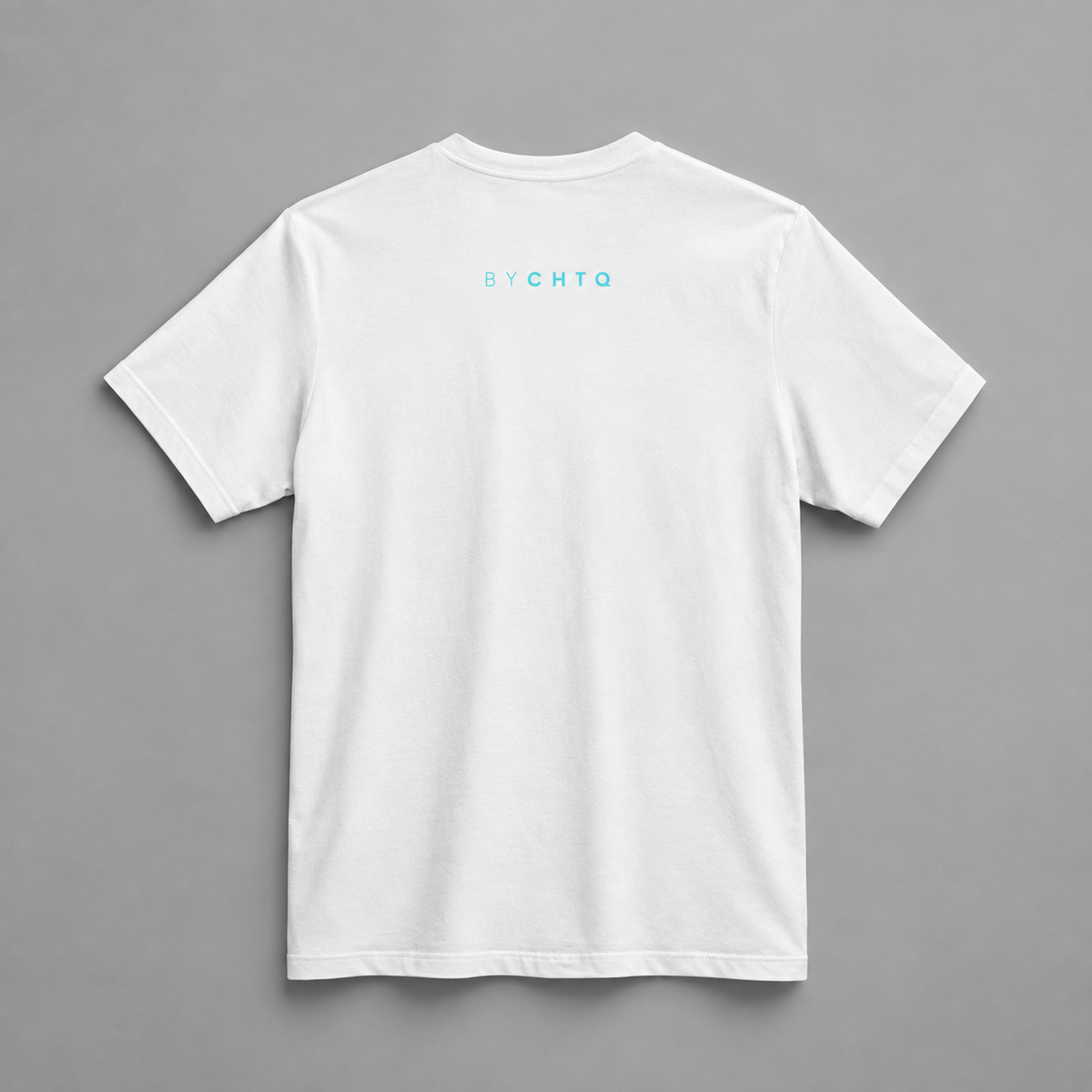 A white short-sleeve crewneck T-shirt shown from the back, featuring a small 'BY CHTQ' detail below the neckline, against a neutral studio background.