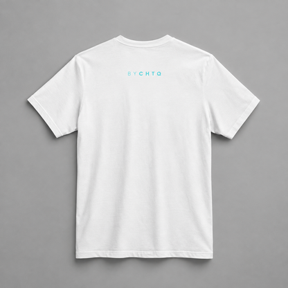 A white short-sleeve crewneck T-shirt shown from the back, featuring a small 'BY CHTQ' detail below the neckline, against a neutral studio background.