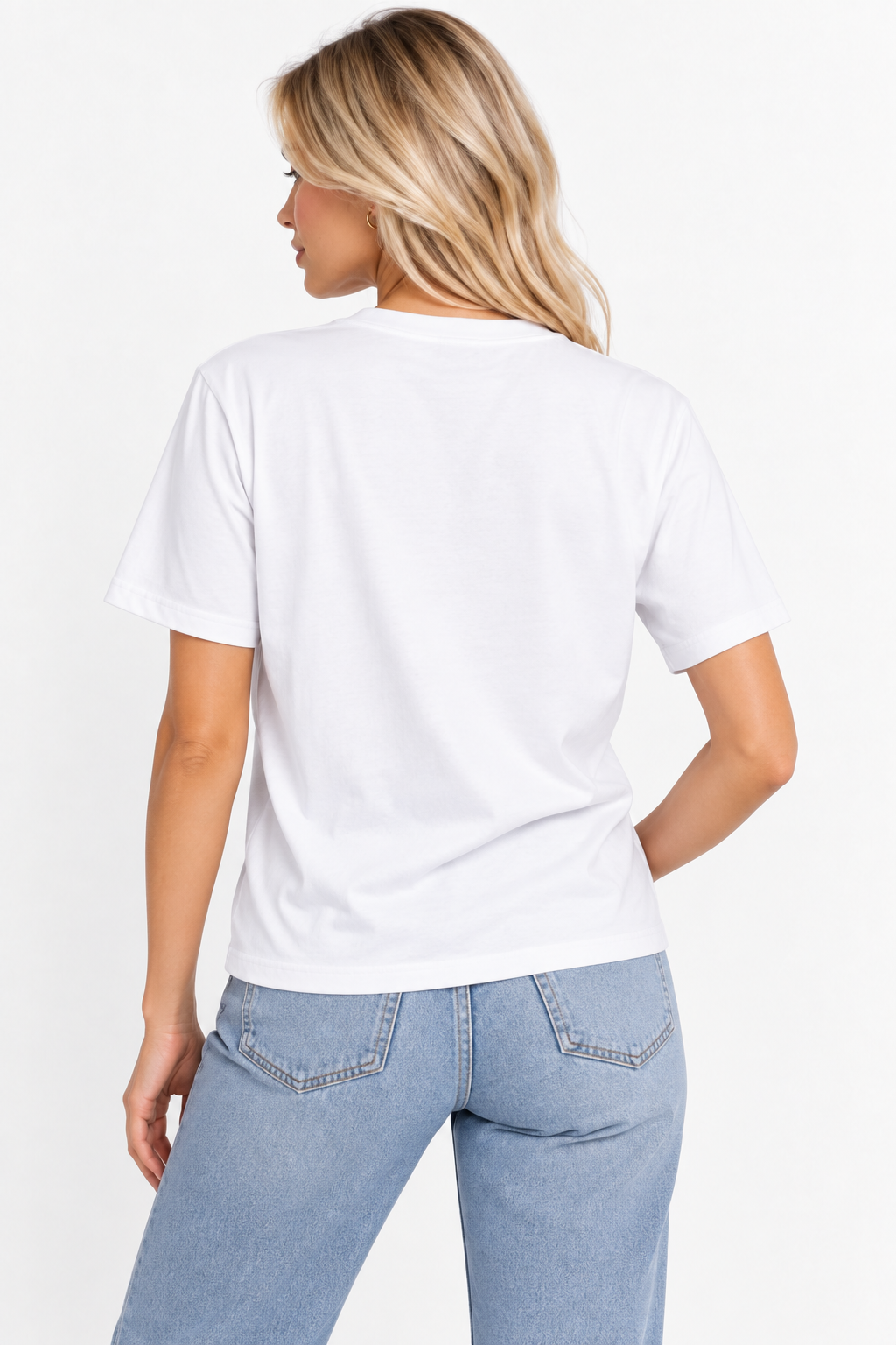 A woman viewed from the back wearing the CHIC by CHTQ Design Women’s Graphic T-Shirt in white with light blue jeans against a clean white studio background.