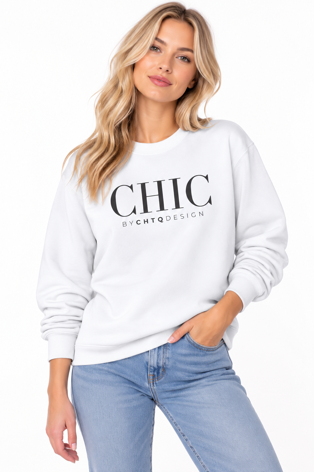 Woman wearing a white CHIC by CHTQ Design crewneck sweatshirt with a black graphic print, paired with light blue jeans against a white studio background.