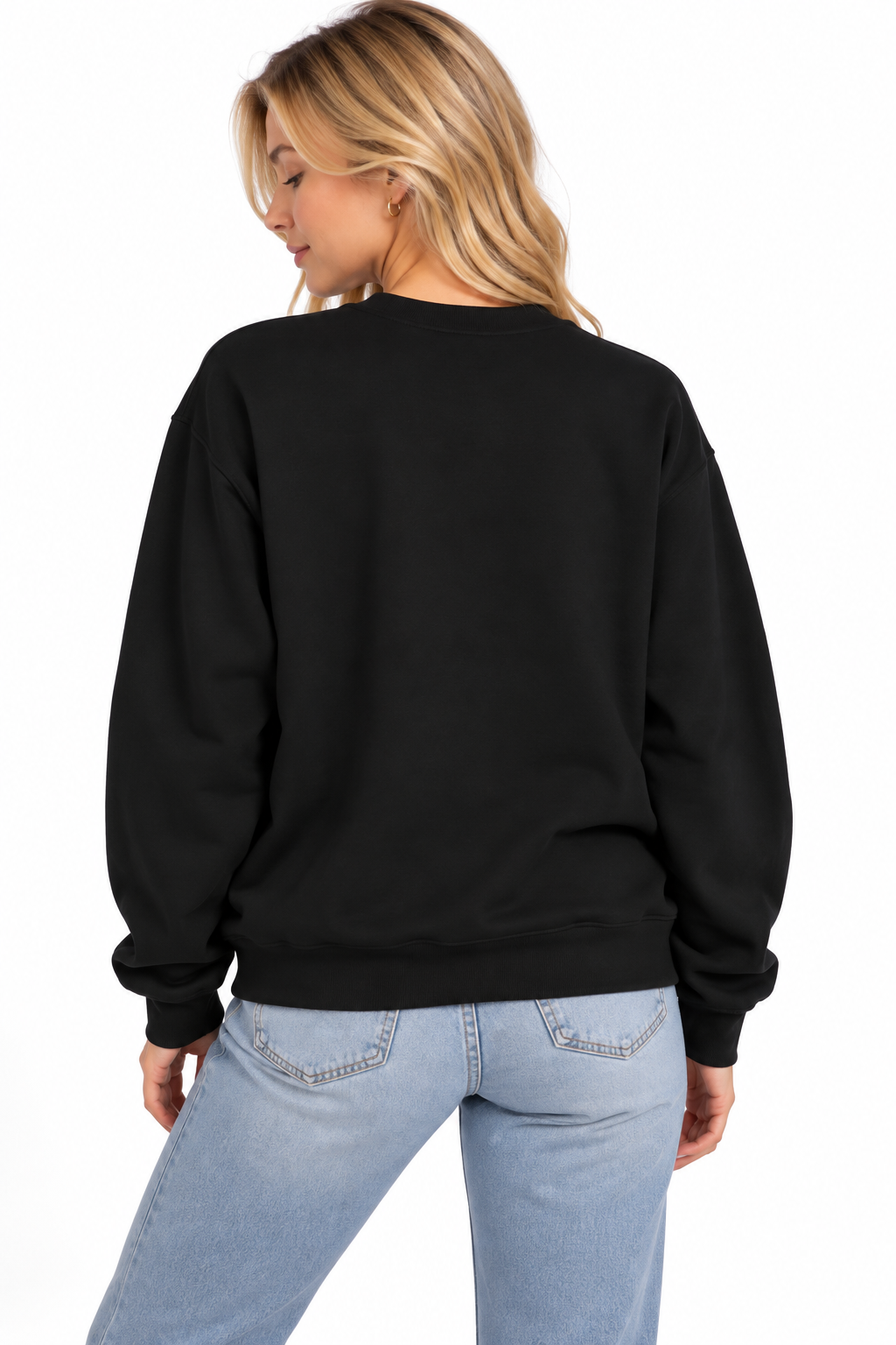 A woman shown from the back wearing a CHIC BY CHTQ DESIGN black crewneck sweatshirt with a plain, graphic-free back, paired with light blue jeans against a clean white studio background.