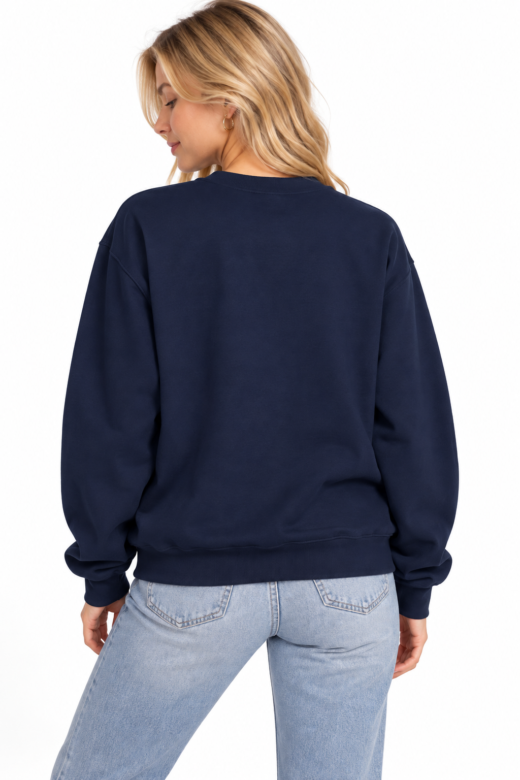 A woman shown from the back wearing a CHIC BY CHTQ DESIGN navy crewneck sweatshirt with a plain, graphic-free back, paired with light blue jeans against a clean white studio background.