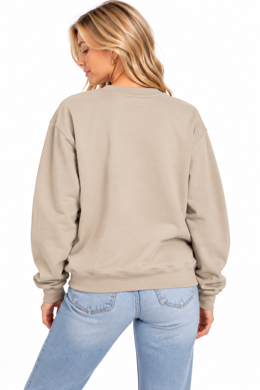 A woman shown from the back wearing a CHIC BY CHTQ DESIGN beige crewneck sweatshirt with a plain, graphic-free back, paired with light blue jeans against a clean white studio background.