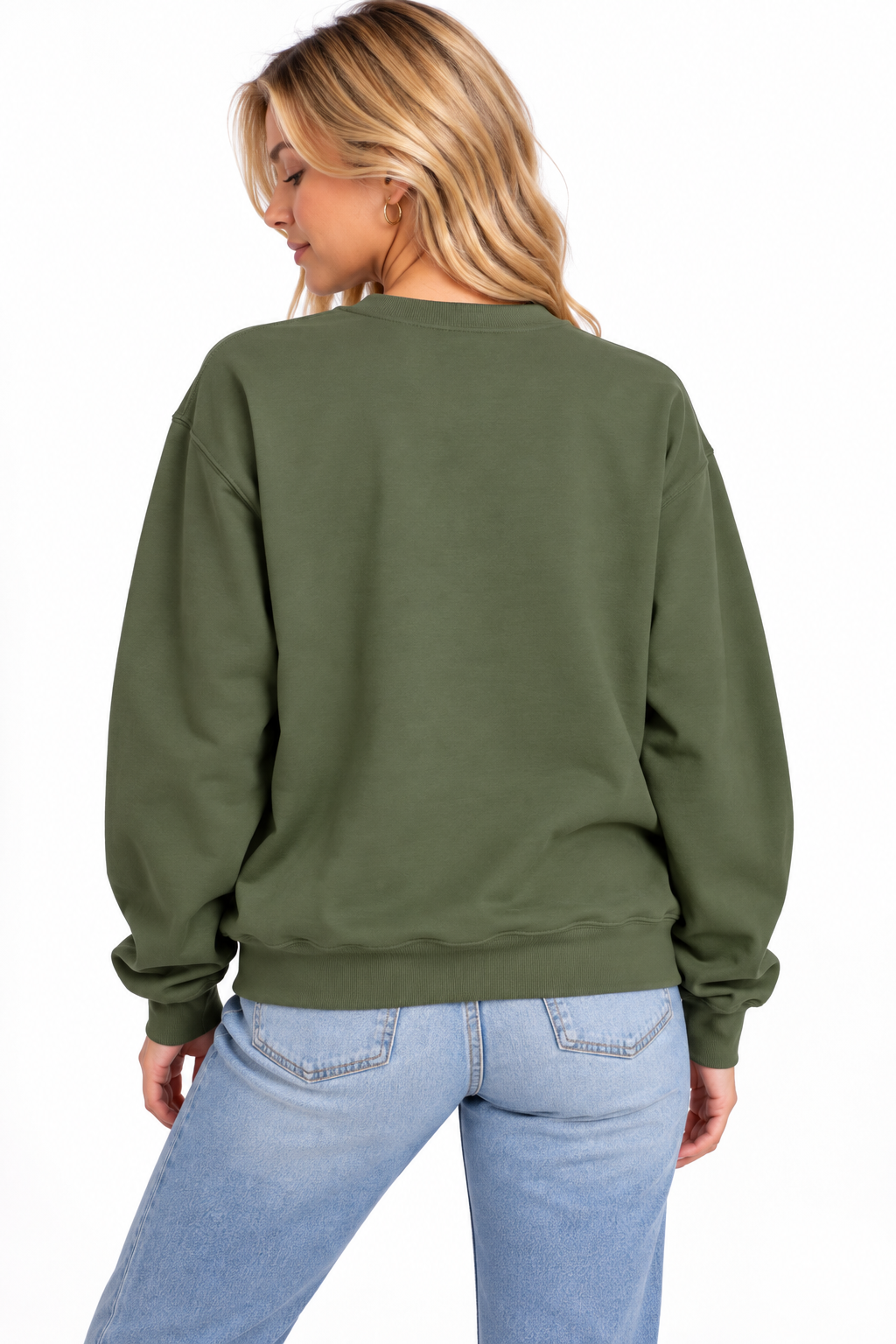 A woman shown from the back wearing a CHIC BY CHTQ DESIGN green crewneck sweatshirt with a plain, graphic-free back, paired with light blue jeans against a clean white studio background.
