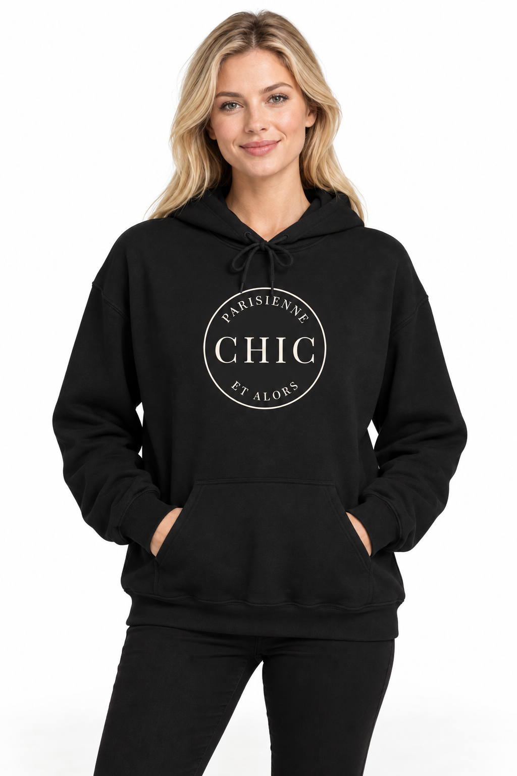 A woman modeling a black pullover hoodie with a white circular graphic on the chest that reads 'PARISIENNE CHIC ET ALORS'.