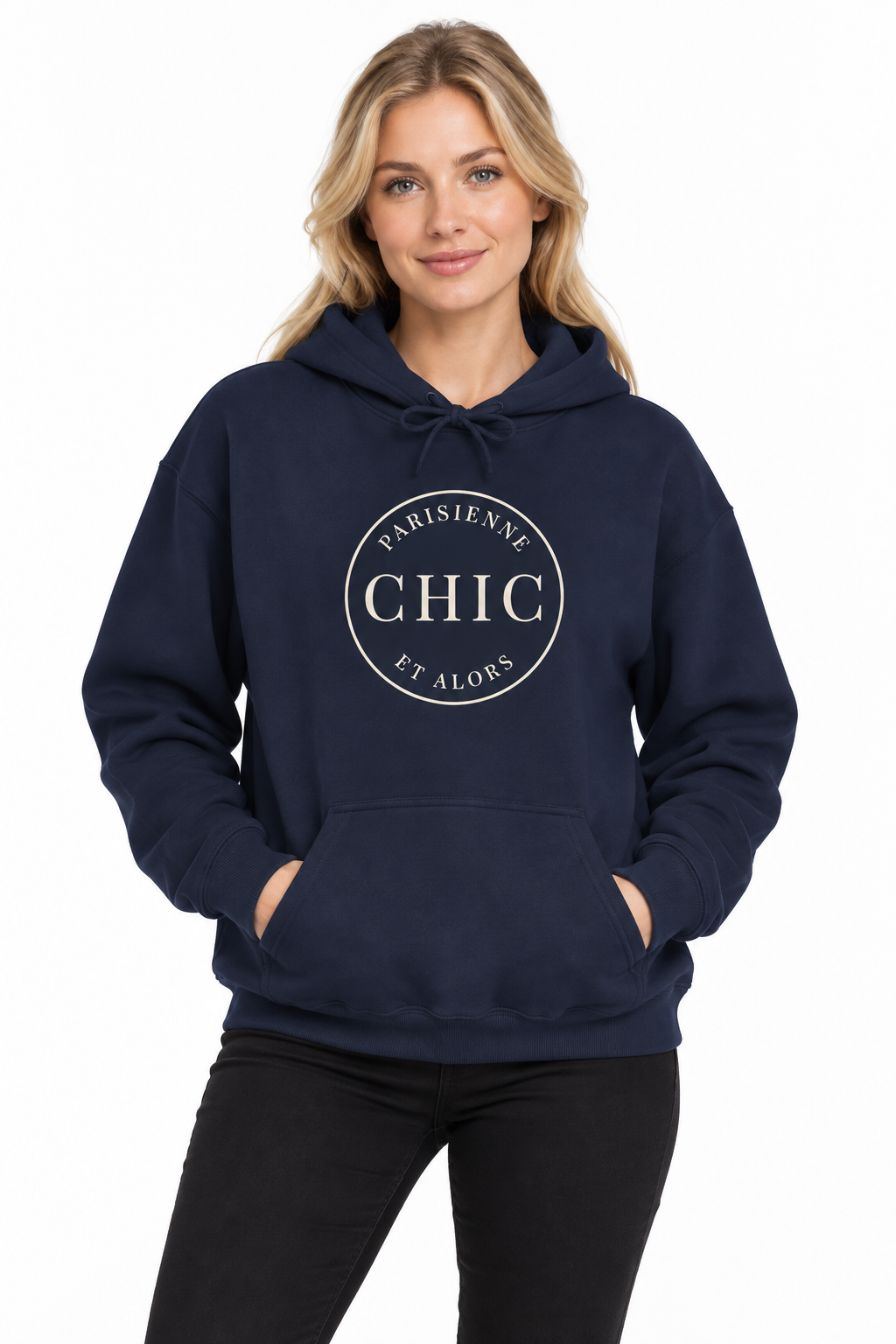 A woman wearing a navy blue pullover hoodie with a white circular graphic on the chest that reads 'PARISIENNE CHIC ET ALORS'.