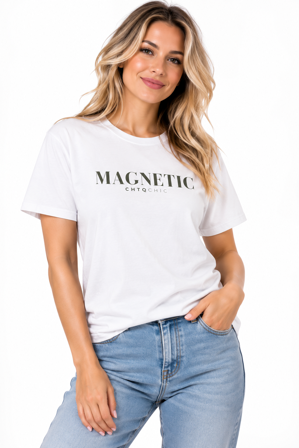 A woman wearing a white short-sleeve graphic T-shirt with 'MAGNETIC' and smaller 'CHTQ CHIC' text printed in green across the chest, paired with light blue jeans, against a plain white background.