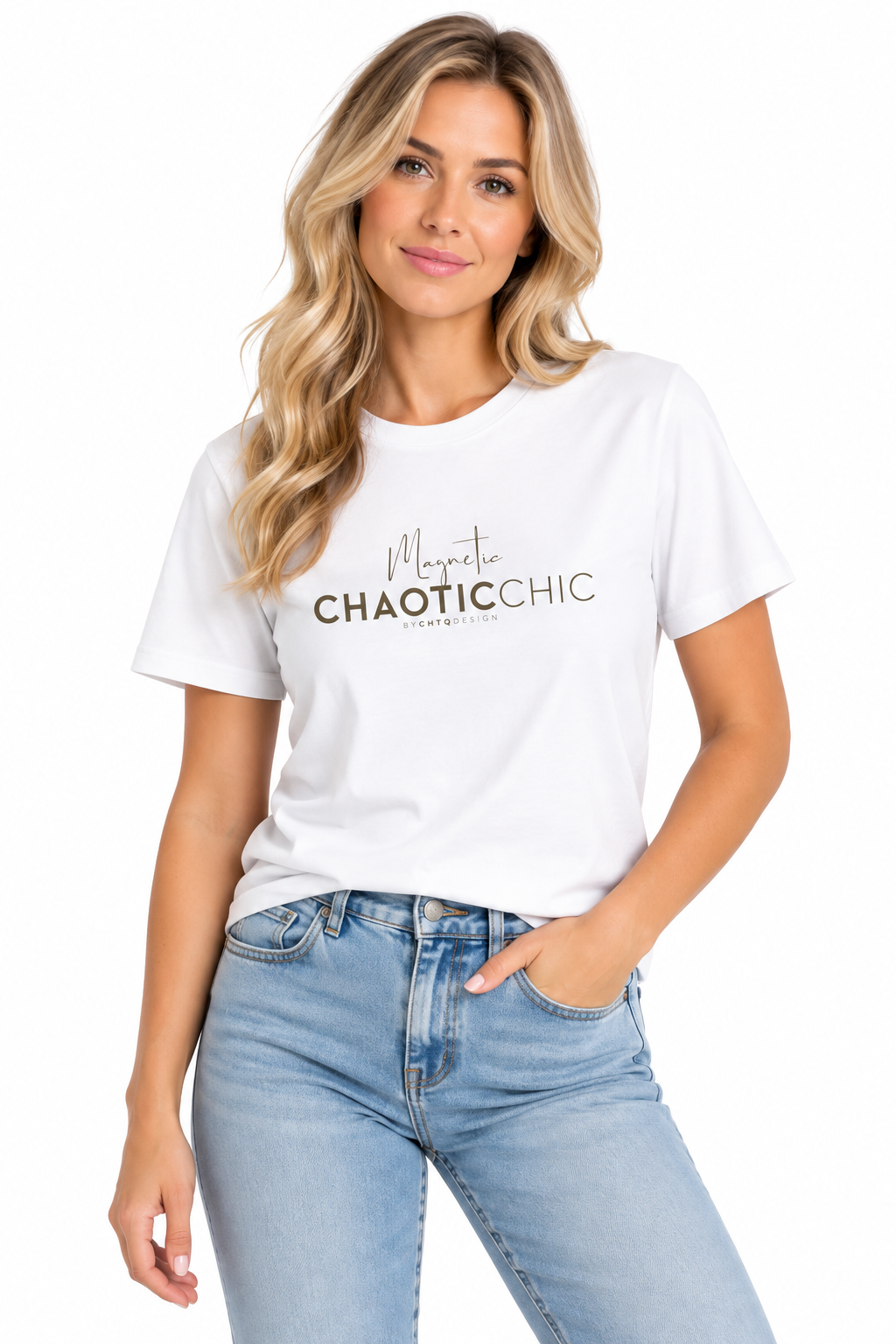 A woman modeling a white short-sleeve graphic T-shirt with 'Magnetic Chaotic Chic' printed in metallic gold across the chest, paired with light-wash blue jeans against a plain white background.