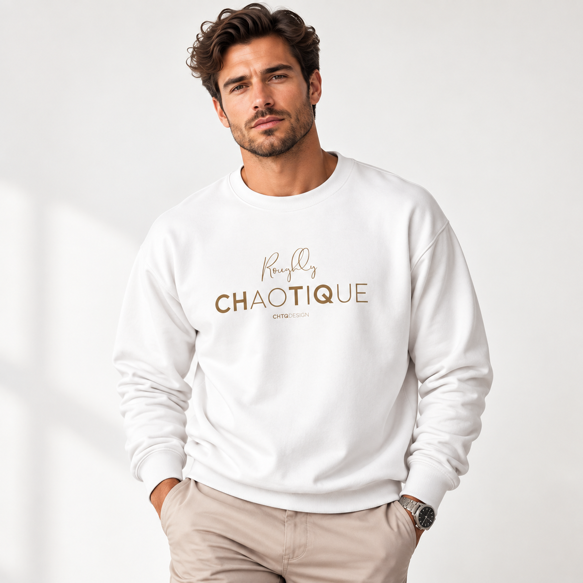 A man wearing a white Roughly Chaotique crewneck sweatshirt with gold typography on the chest, paired with beige trousers against a bright, minimalist studio background.
