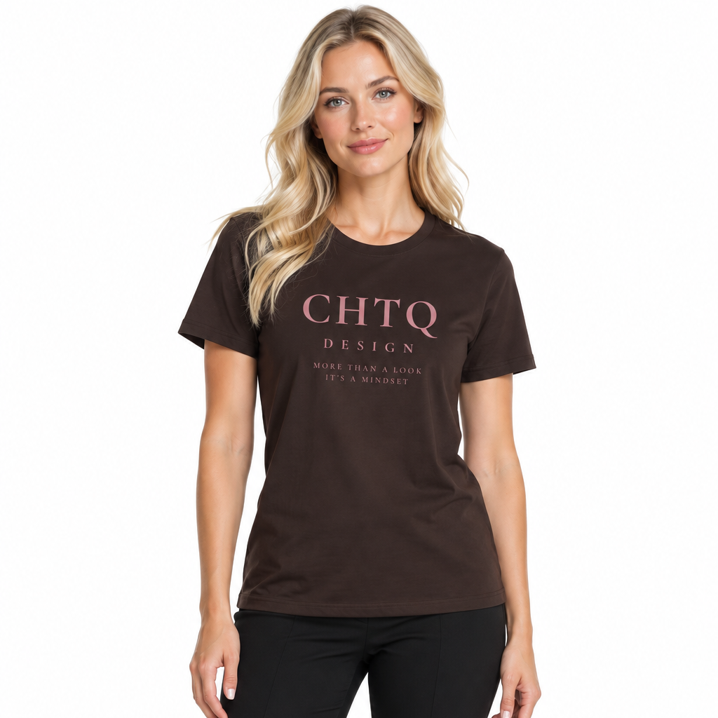 A woman modeling a dark brown short-sleeve t-shirt with 'CHTQ DESIGN' printed in pink on the chest, paired with black pants, against a plain white background.