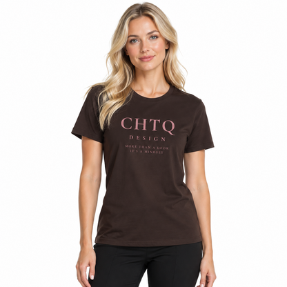 A woman modeling a dark brown short-sleeve t-shirt with 'CHTQ DESIGN' printed in pink on the chest, paired with black pants, against a plain white background.