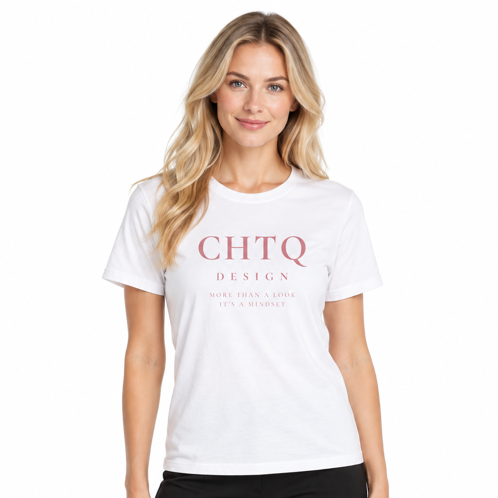 A woman modeling a white short-sleeve crewneck t-shirt with 'CHTQ DESIGN' printed in dusty pink on the chest, paired with black pants against a plain white background.
