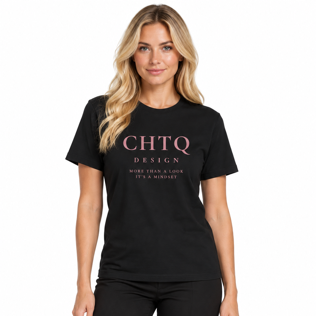 A woman modeling a black short-sleeve graphic T-shirt with 'CHTQ DESIGN' printed in pink and white across the chest, paired with black pants against a plain white studio background.