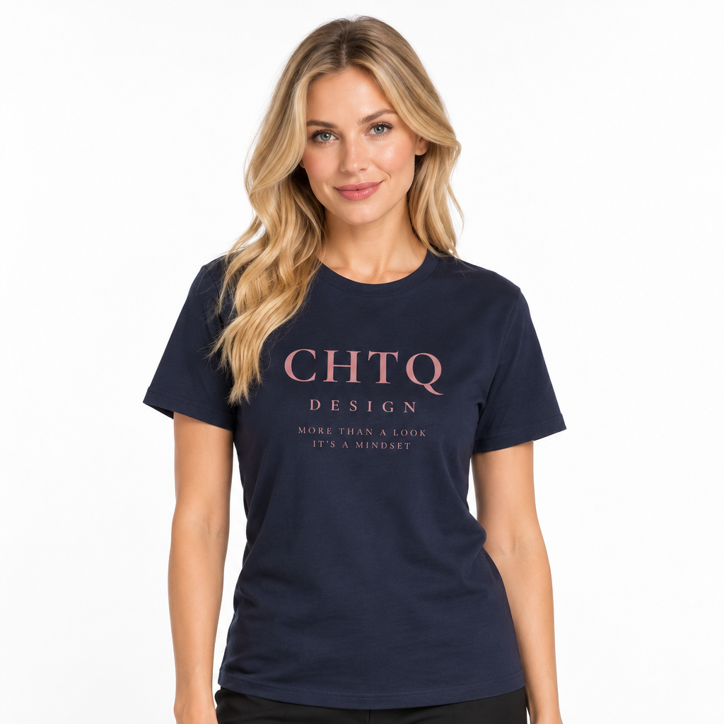 A woman modeling a navy blue crewneck t-shirt with 'CHTQ DESIGN' printed in rose gold on the chest, paired with black pants against a white studio background.