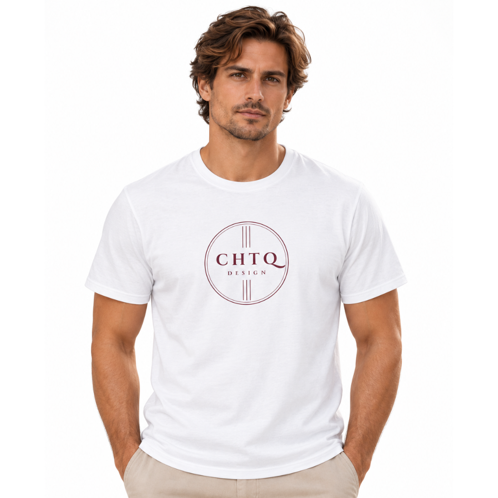 A man wearing a white crewneck t-shirt with a circular 'CHTQ DESIGN' logo printed in dark red on the chest, paired with beige trousers, against a plain white background.