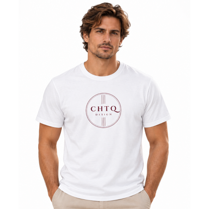 A man wearing a white crewneck t-shirt with a circular 'CHTQ DESIGN' logo printed in dark red on the chest, paired with beige trousers, against a plain white background.