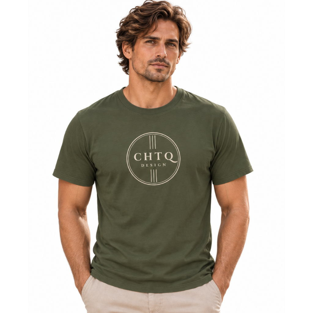 A man wearing an olive green crewneck t-shirt with a circular 'CHTQ DESIGN' logo printed on the chest, paired with beige trousers, against a plain white background.