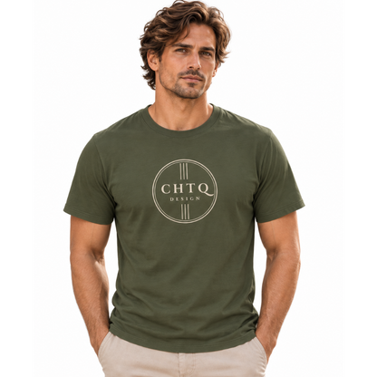 A man wearing an olive green crewneck t-shirt with a circular 'CHTQ DESIGN' logo printed on the chest, paired with beige trousers, against a plain white background.