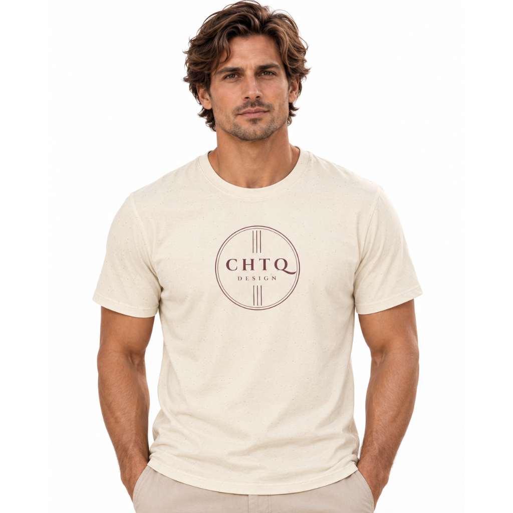 A man wearing a cream-colored crewneck t-shirt with a circular 'CHTQ DESIGN' logo printed on the chest, paired with beige pants, against a plain white background.