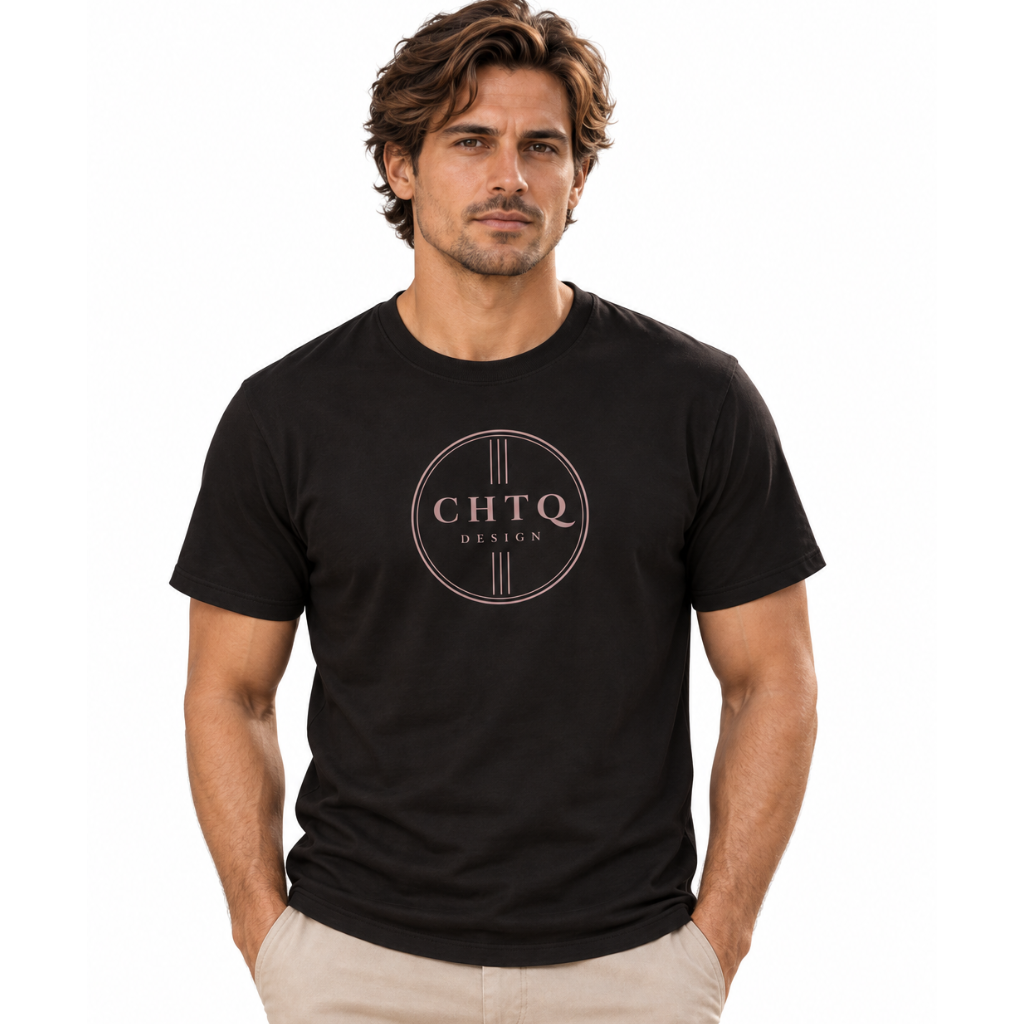 A man wearing a black crewneck t-shirt with a circular 'CHTQ DESIGN' logo printed on the chest, paired with beige trousers, against a plain white background.