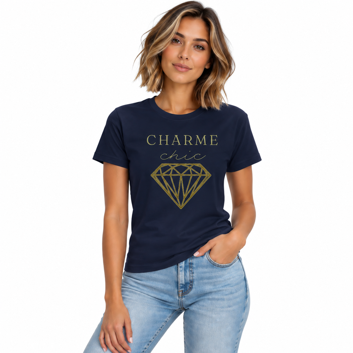 A woman modeling a navy blue t-shirt with a gold graphic that reads 'CHARME chic' above a diamond outline, paired with light blue jeans against a plain white background.