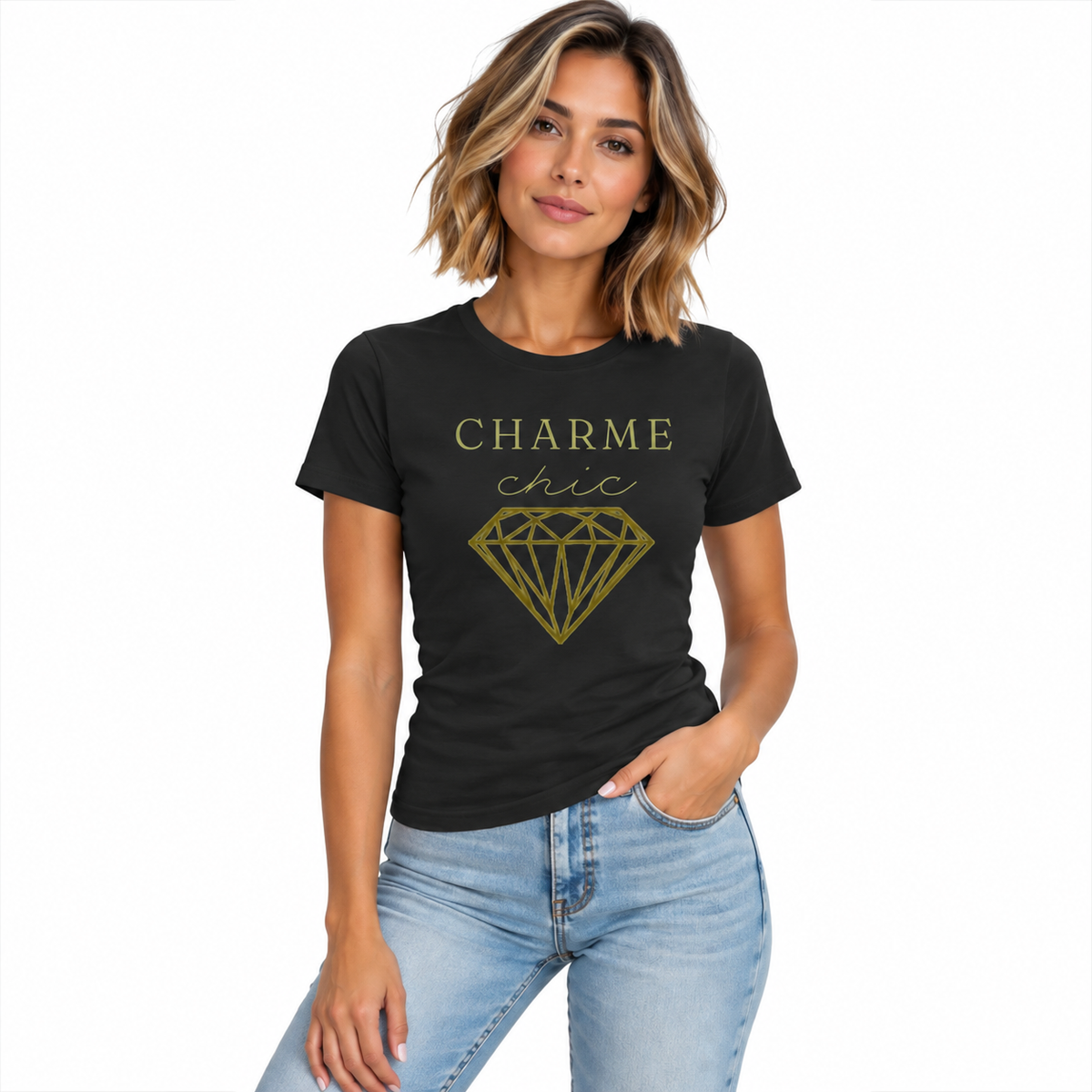 A woman modeling a black short-sleeve t-shirt with a gold graphic that reads 'CHARME chic' above a large diamond outline, paired with light blue jeans against a plain white background.