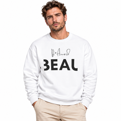 Male model wearing a white BEAU D’ACCORD graphic crewneck sweatshirt with black lettering against a white studio background.
