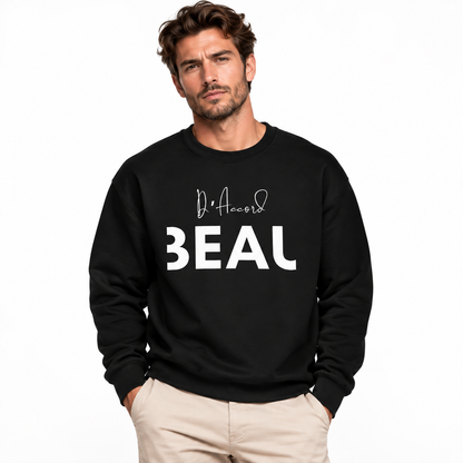 Male model wearing a black BEAU D’ACCORD graphic crewneck sweatshirt with black lettering against a white studio background.