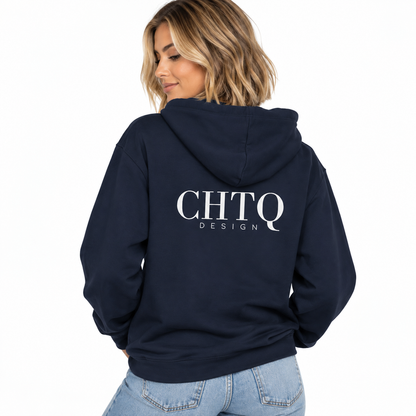A woman shown from the back wearing a navy blue hoodie with 'CHTQ DESIGN' printed in white across the upper back, paired with light blue jeans against a plain white background.