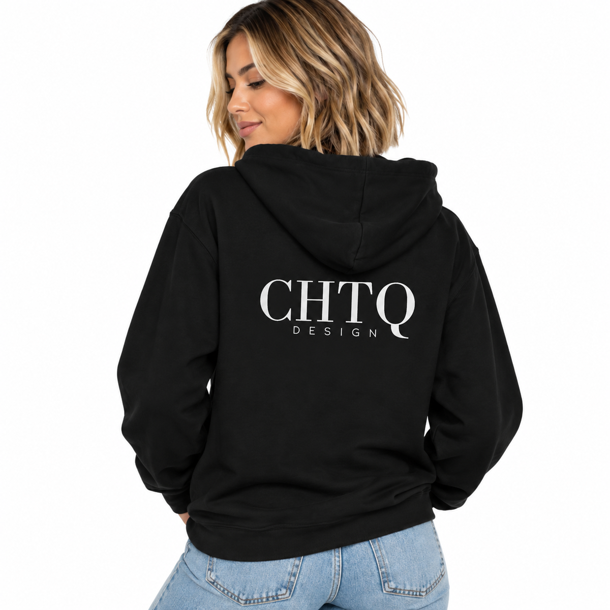 A woman shown from the back wearing a black hoodie with 'CHTQ DESIGN' printed in white across the back, paired with light blue jeans against a plain white background.