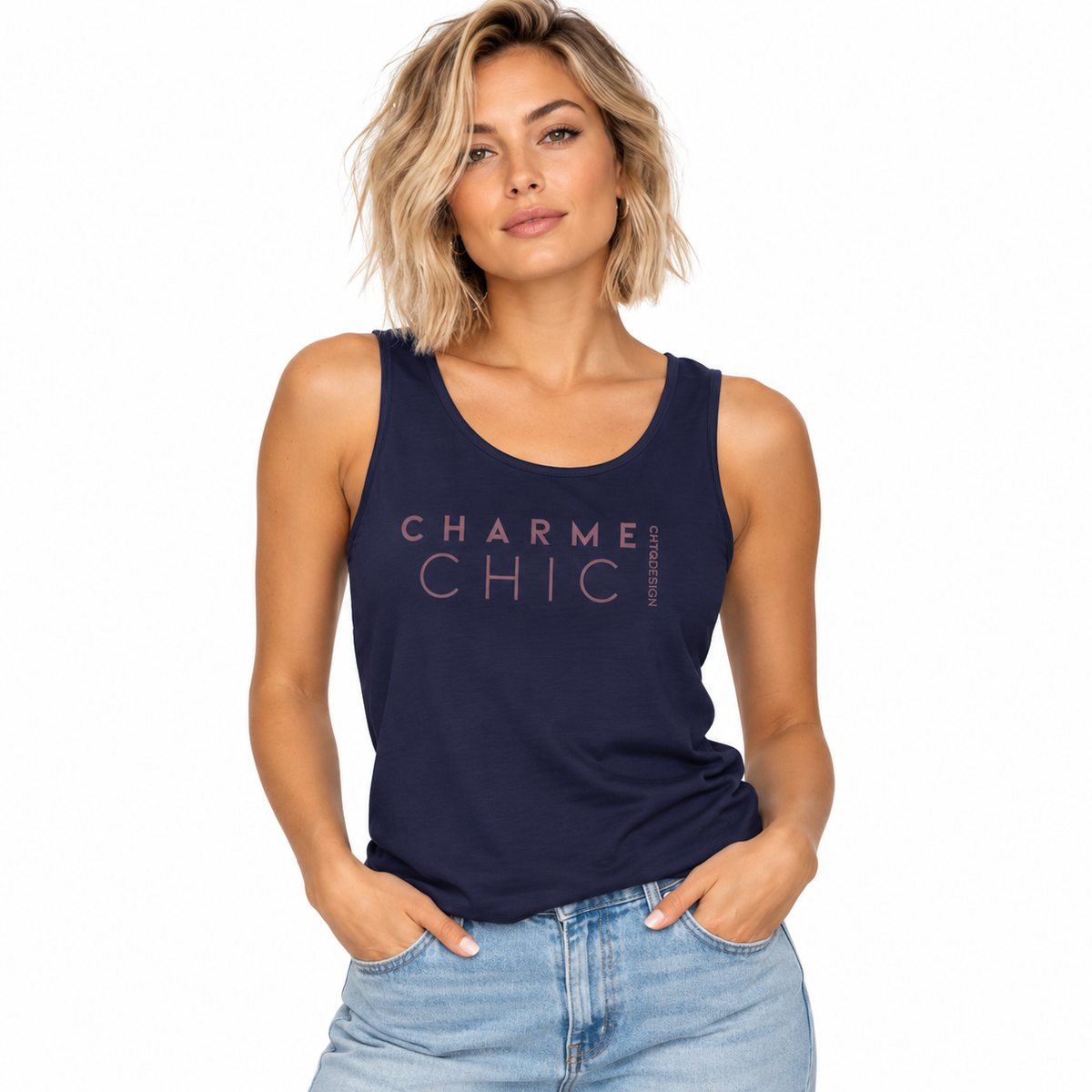 Woman wearing true navy CHARME CHIC garment-dyed tank top with dusty rose typography