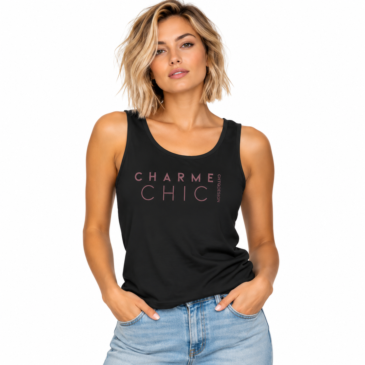 Woman wearing black CHARME CHIC garment-dyed tank top with dusty rose typography