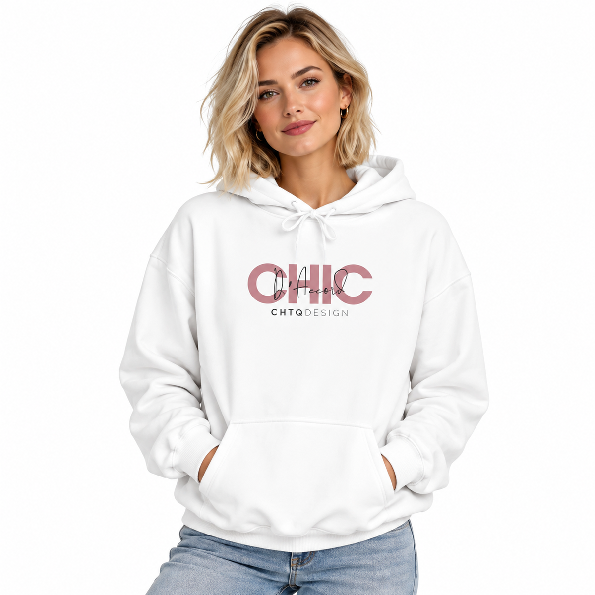 Woman wearing CHIC D’Accord graphic hoodie in white with light denim jeans