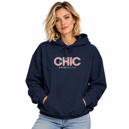 Woman wearing CHIC D’Accord graphic hoodie in navy blue with light denim jeans